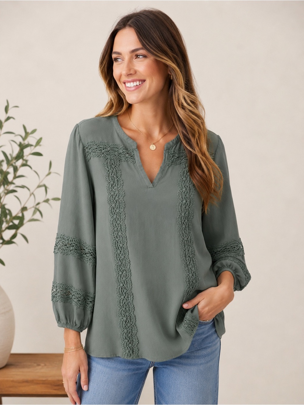 Altar’d State Bohemian Style Long Sleeve Peasant Blouse Women S Olive Green